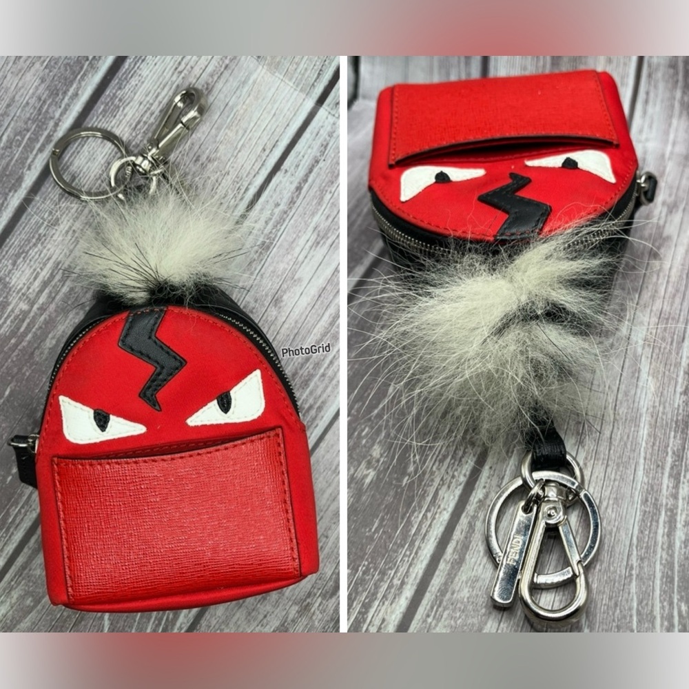 FENDI Monster Mini Backpack Bag Charm Leather Nylon & Fur Red Black w/ Box RARE - Picture 6 of 16